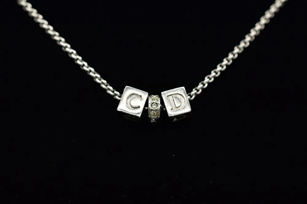 Christian Dior Vintage Block Logo Necklace Pendant Charm CD Silver Signed BinBJ